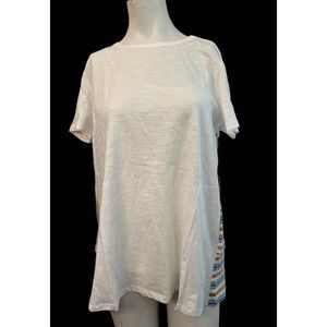 Doe & Rae Large Short Sleeve Blouse Striped Ruffled Hem Tunic Lace Gold Blue NWT